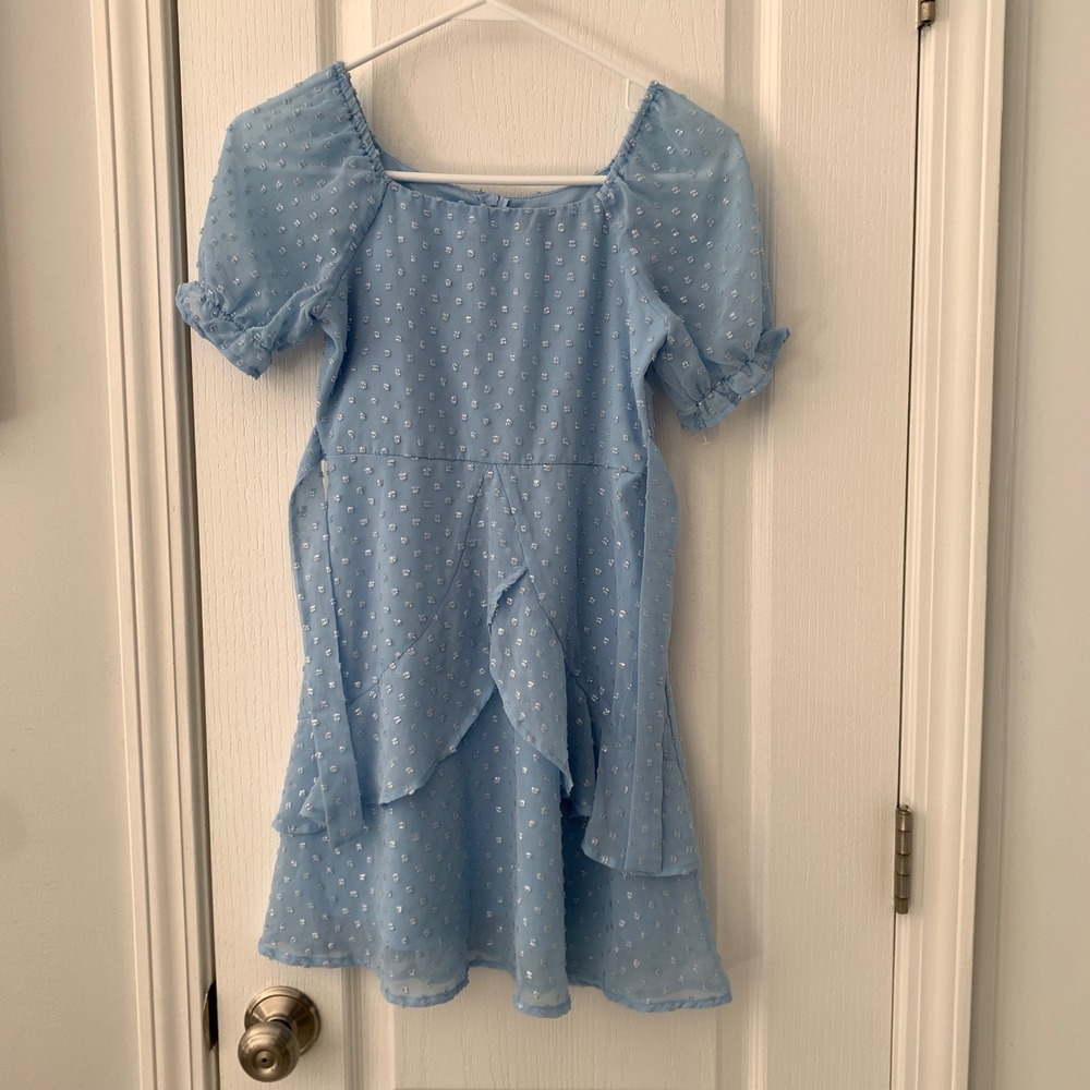 Three Pink Hearts Blue Clip Dot Ruffle Mini Dress T69717RUW Mens Size M